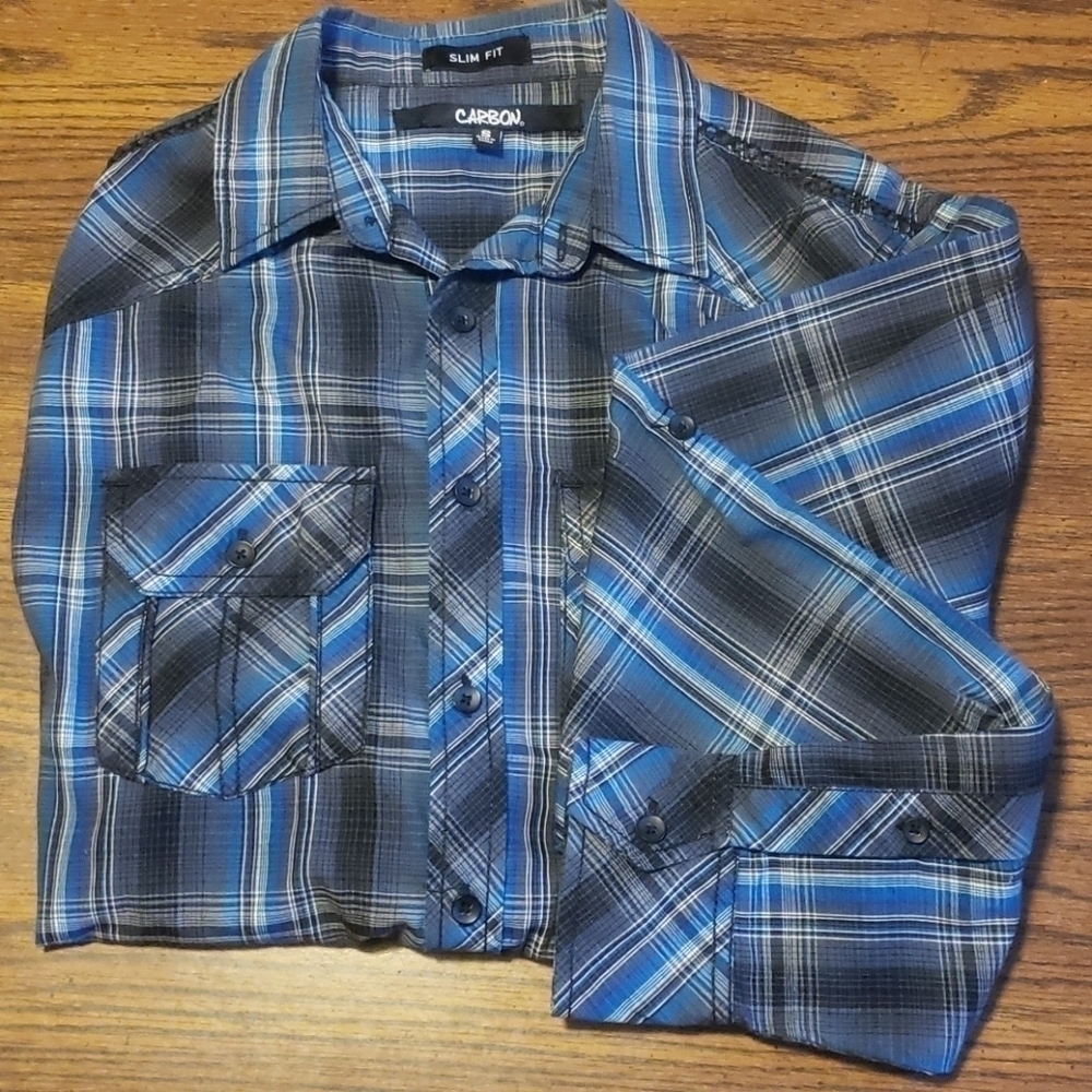 3/$20 Carbon Blue & Black Plaid Button Down Shirt